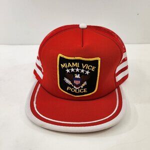 Miami Vice Police Patch 3 Stripe Trucker Hat Mesh Vtg 80s Red Snapback Cap